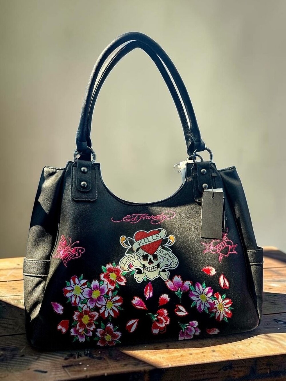 NEW Ed Hardy Black Floral Love Kills Slowly Skull Tattoo Bag 14"x12"x5" NWT